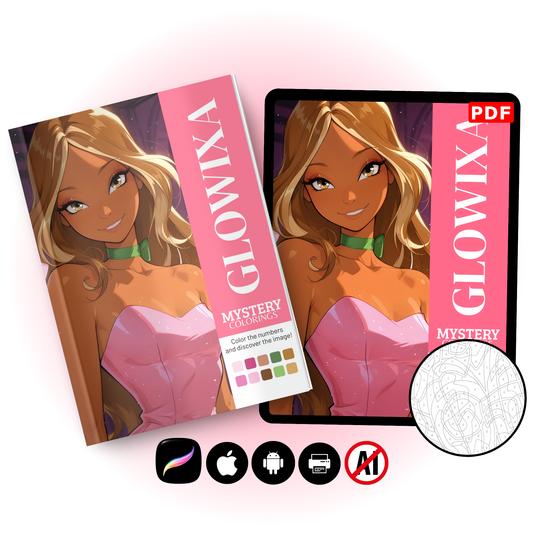 Glowing Girls Mystery Coloring Book (Digital Download) | Cute Anime Girls Color by Number PDF for iPad & Printing